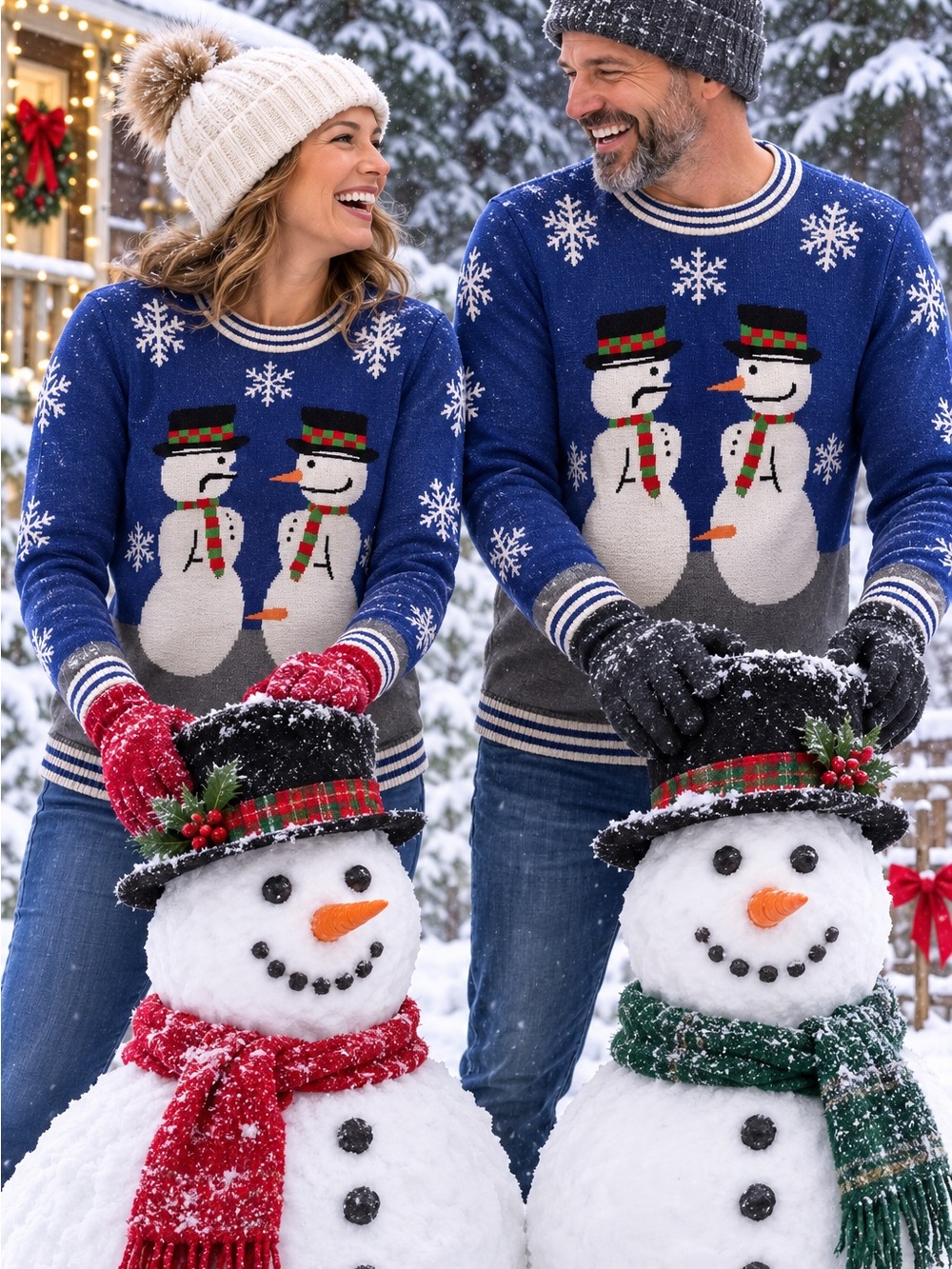 Tacky Ugly Christmas Sweater Funny Snowman and Woman Unisex Sz L Party Ready